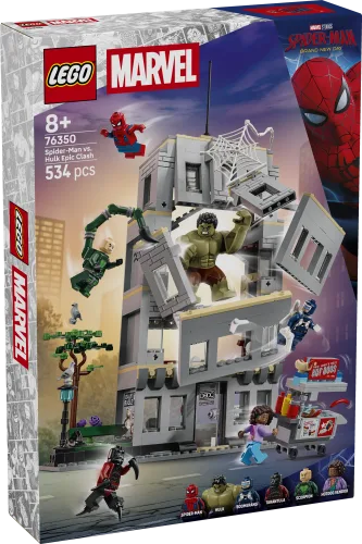 Front of the LEGO Marvel Spider-Man vs. Hulk Epic Clash 76350 set box, showing Spider-Man, Hulk, Green Goblin, and Scorpion attacking a collapsing city building.