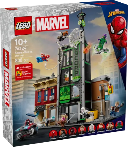 A Lego Marvel Super Heroes set box, showing Spider-Man vs. Oscorp Tower with several minifigures and vehicles in action.