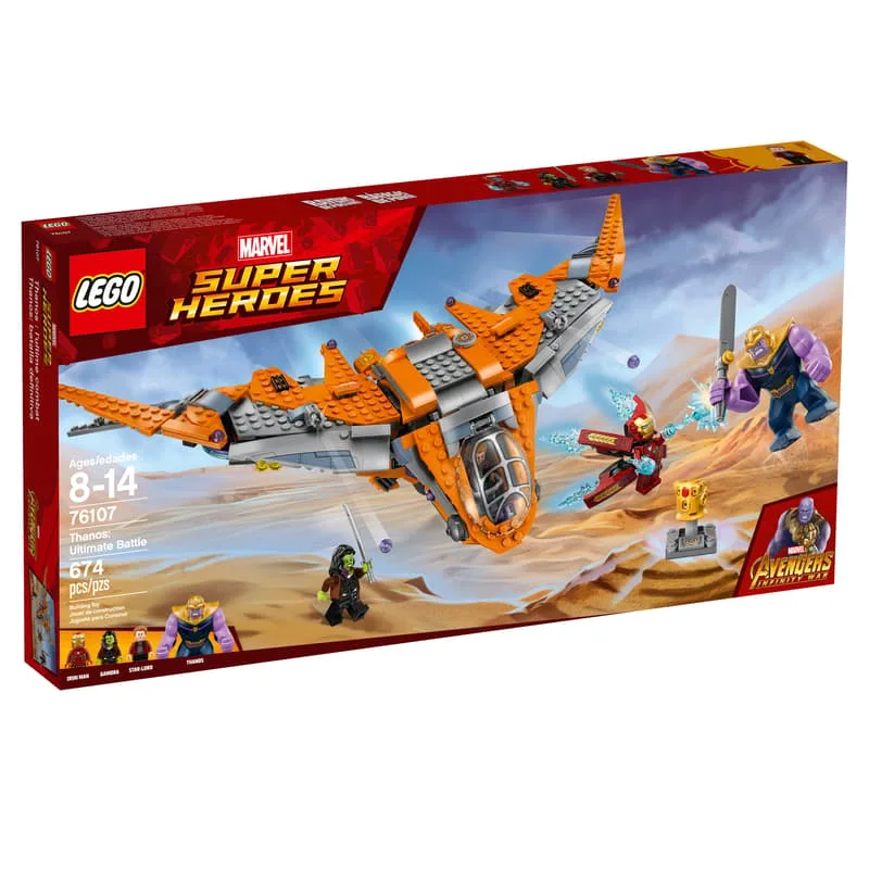 Front view of the LEGO Thanos: Ultimate Battle set box, showing the Guardians' Ship, Thanos, Iron Man, Gamora, and Star-Lord in a desert landscape.