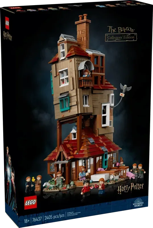 Front view of the Lego The Burrow – Collectors' Edition 76437 box, showing the assembled model of The Burrow and several minifigures.