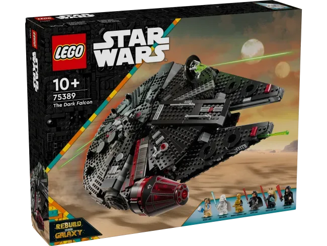 Back of the Lego The Dark Falcon 75389 box showing the assembled ship, minifigures, and interior play features in a desert setting.