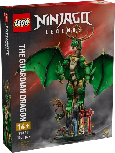 Front of the LEGO Ninjago The Guardian Dragon 71847 box, showing the large green and gold dragon model and a minifigure on its display base.