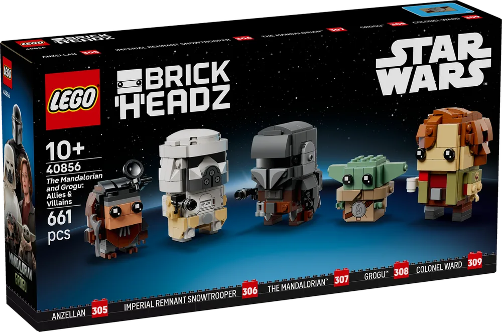 Five LEGO BrickHeadz figures in a row on the front of their retail box, depicting characters from The Mandalorian, including The Mandalorian, Grogu, Anzellan, Imperial Remnant Snowtrooper, and Colonel Ward.
