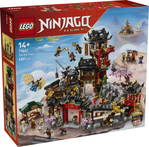 The front of the LEGO Ninjago Legacy The Old Town 71861 box, showing the assembled model with many minifigures in action.
