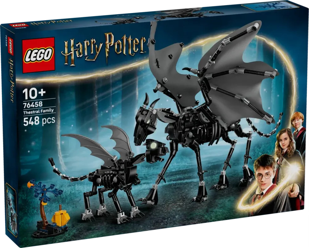 Front of the LEGO Harry Potter Thestral Family set box, featuring the adult and baby Thestrals with Harry Potter, Hermione Granger, and Ron Weasley.