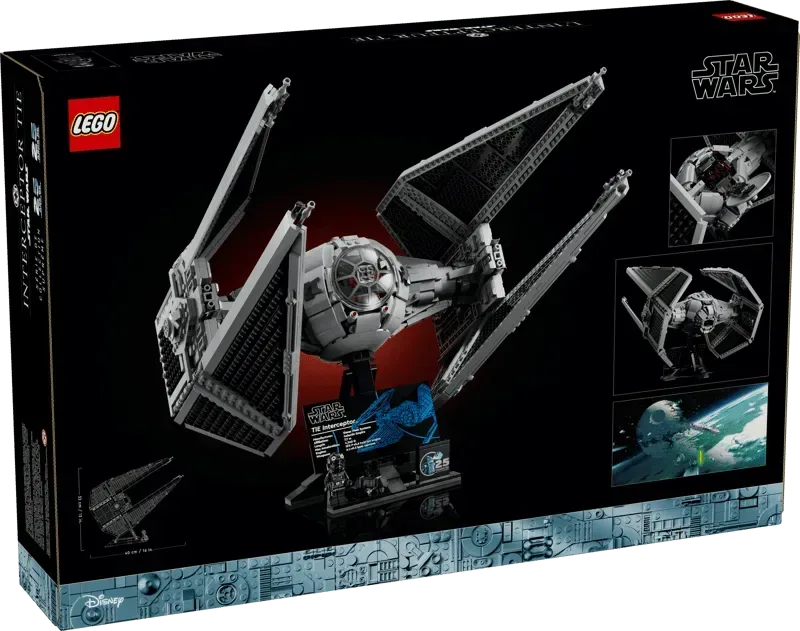 Back of the Lego TIE Interceptor UCS 75382 box showcasing the assembled model, display stand, info plaque, and detailed feature images against a black background.