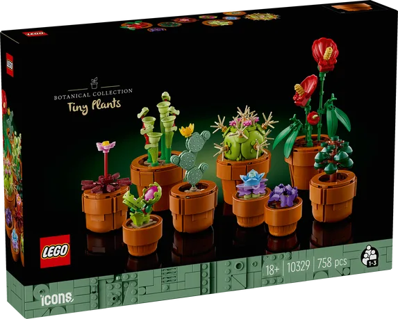 Front view of the LEGO Icons Botanical Collection 10329 Tiny Plants set box, showcasing nine diverse brick-built plants in terracotta-colored pots against a black background with green base details.