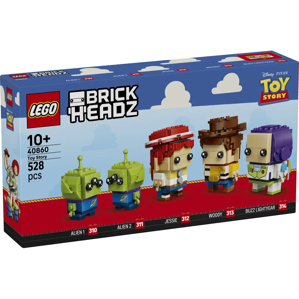 LEGO BrickHeadz 40860 Toy Story set box, displaying Woody, Buzz Lightyear, Jessie, and two Aliens lined up against a cloudy blue and red backdrop. The set number 40860, "Toy Story," and "528 pcs" are visible.
