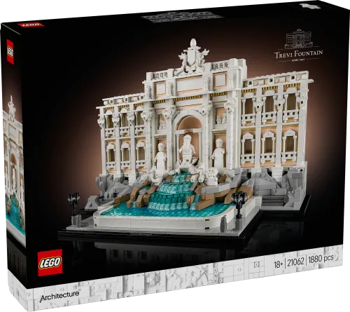 Full view of the LEGO Architecture Trevi Fountain (21062) set box, showing the assembled model on a black background with "LEGO Architecture" and "18+ 21062 1880 pcs" labels.