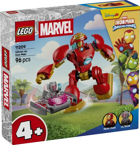 Front of the LEGO Marvel Ultron vs. Iron Man 11209 box, showing the Iron Man mech, Ultron on a hovercraft, and minifigure depictions.