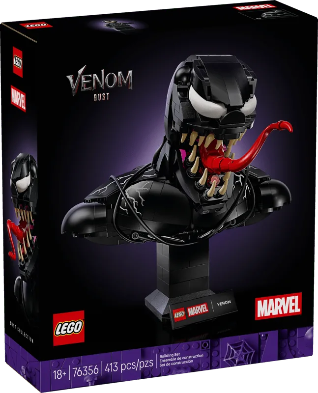Lego Marvel Venom Bust 76356 box, displaying the detailed black bust with a long red tongue, sharp teeth, and white eyes on a dark background.
