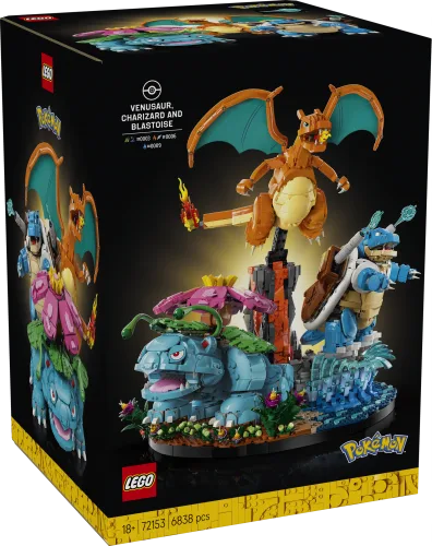 The back of the LEGO Venusaur, Charizard, and Blastoise set box, displaying the assembled model with a dark background.