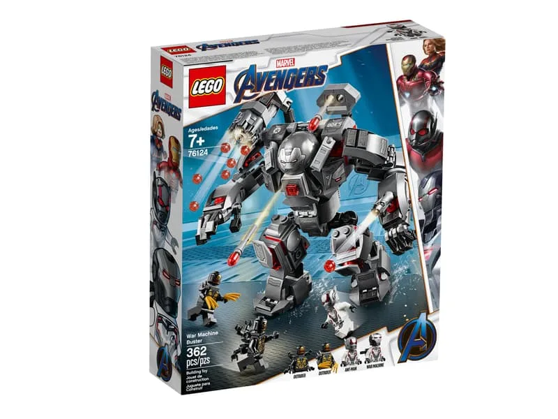 Front view of the LEGO Marvel War Machine Buster 76124 set box, featuring War Machine's mech in action with minifigures War Machine, Ant-Man, and two Outriders.