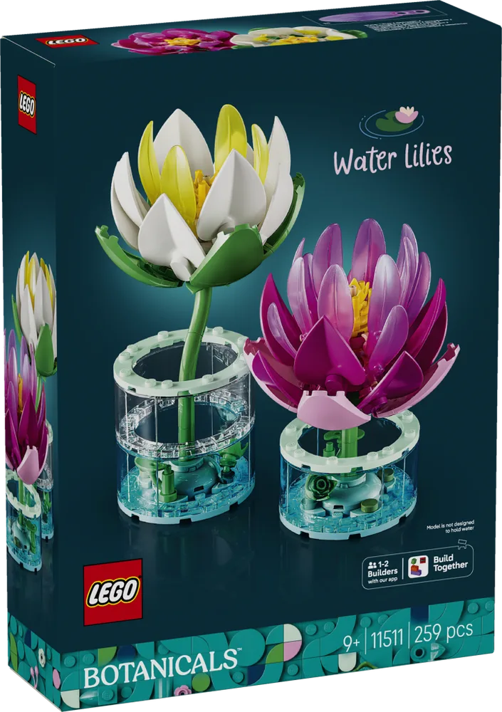 Front of the LEGO Water Lilies 11511 box, showing two brick-built water lilies in pink and white/yellow, with transparent bases and the LEGO Botanicals logo.