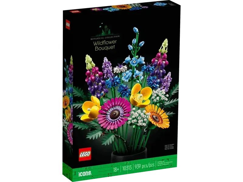 LEGO Botanical Collection Wildflower Bouquet (10313) set box, angled view showing a vibrant brick-built bouquet against a black background.