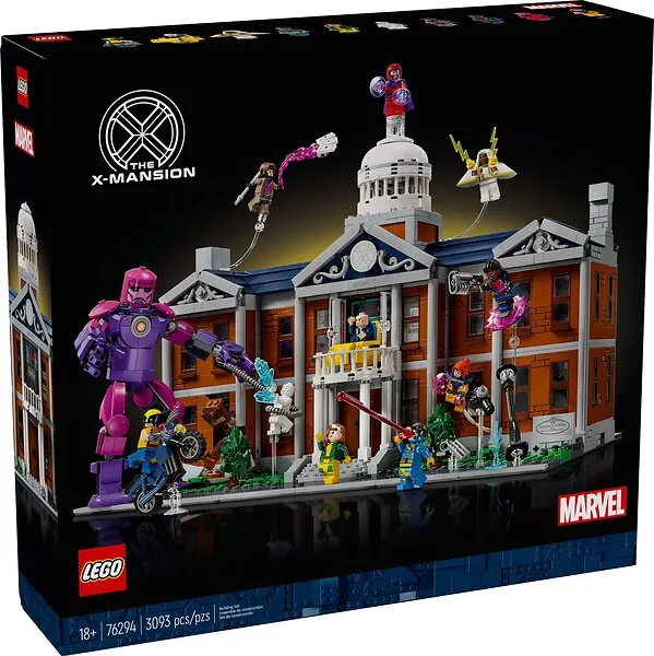 Front view of the LEGO X-Men The X-Mansion 76294 box, showing the fully assembled mansion with X-Men and a Sentinel in action poses.