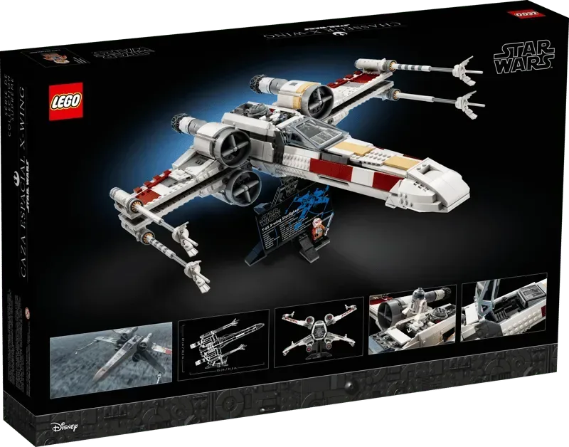 Back view of the Lego X-Wing Starfighter 75355 box showing the model on a stand with details.