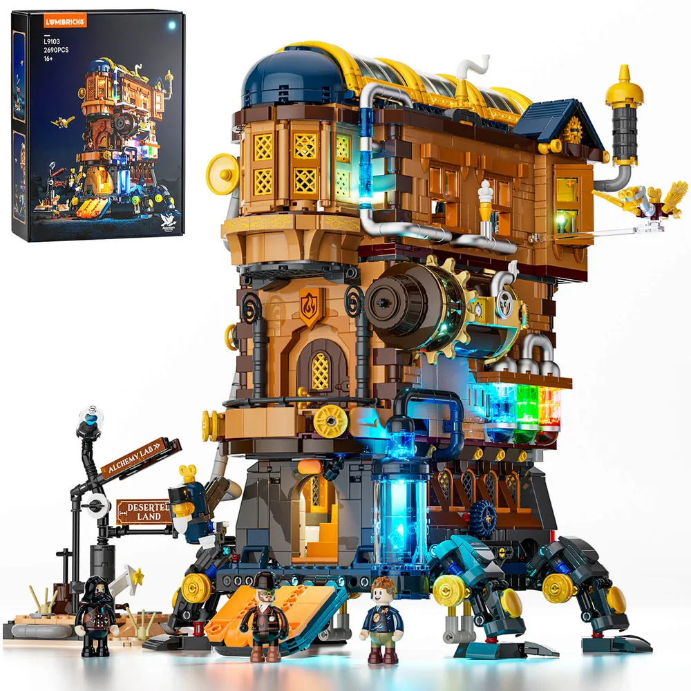 An immersive Lumibricks L9103 Steampunk World set, showcasing a multi-tiered mobile laboratory with 2690 pieces and integrated light points, revealing intricate greebling and transparent elements with vibrant illumination.