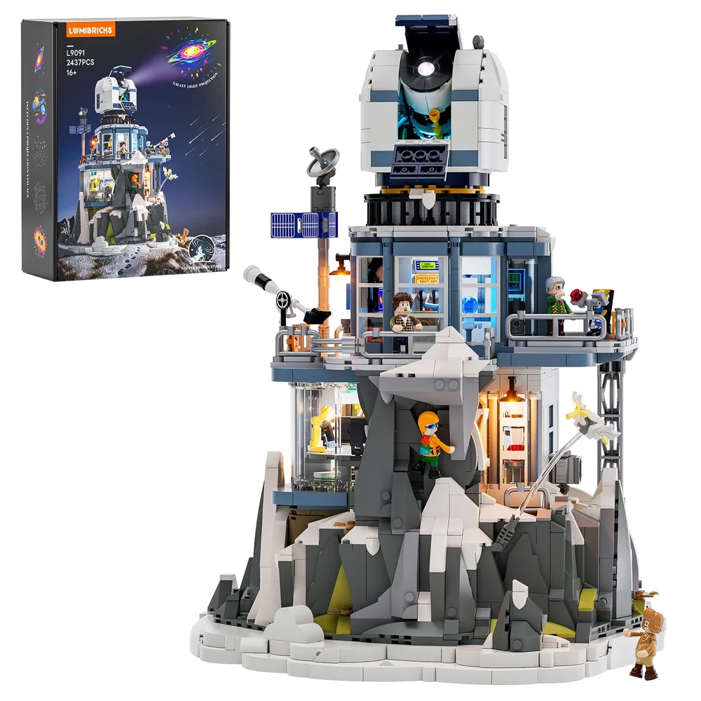 Lumibricks Alpine Observatory L9091 set box and assembled model. This 2437-piece structure stands tall, with a minifigure climbing its SNOT-built mountain base, illuminated by a focused light point. The set is presented in full, showcasing its scale and intricate detailing.