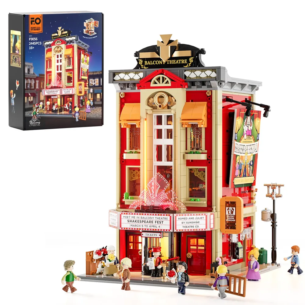 Front view of the Lumibricks Balcony Theatre set F9056, showing its red and tan facade with detailed architectural elements and various minifigures interacting on the street level. The product box is visible in the background, detailing 2445 pieces and light features.