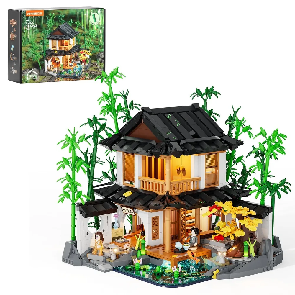 A fully assembled Lumibricks L9075 Retro House set with green bamboo accents and a product box in the top left corner.