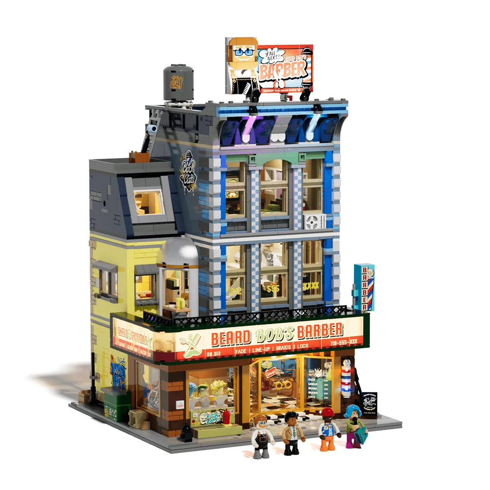 Lumibricks Street Fusion Barber Shop set, unlit, showcasing detailed brick architecture.