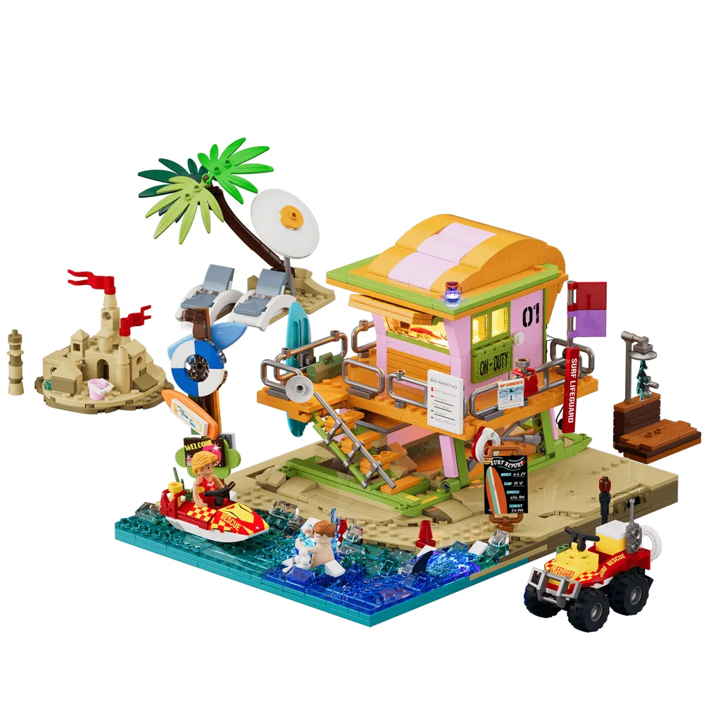 The Lumibricks Beach Lifeguard Tower 18008 set showing modular sub-assemblies including the main tower, a jetski, a rescue vehicle, a sandcastle, and a palm tree, against a white background.