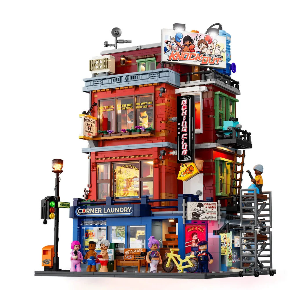 Lumibricks Street Fusion Boxing Club 19009, 3036 pieces, with 24 light points and 8 light strips, full external view.