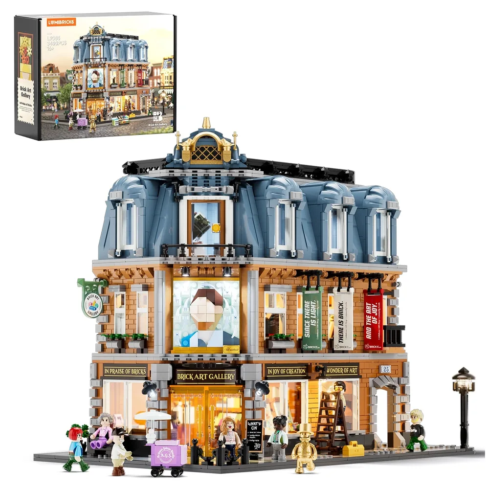 The Lumibricks Brick Art Gallery L9085, a modular building set with 3400 pieces, displayed in full daylight with minifigures interacting on the street level.