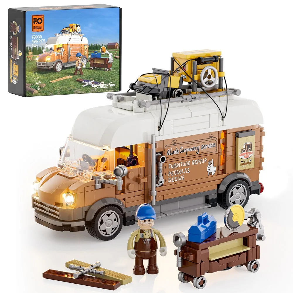 Lumibricks Carpentry Van F9030 box art next to the detailed, unlit brick model with minifigure and accessories.