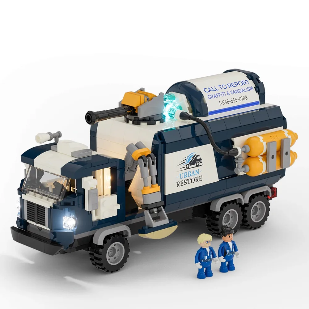 Lumibricks 'Urban Restore' graffiti cleanup truck with two minifigures, illuminated by internal lights in a bright setting.