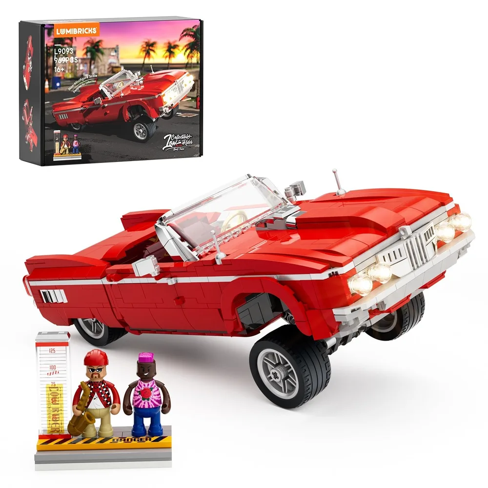 Lumibricks L9093 Street Fusion low rider, 969 pieces, with glowing headlights, lifted stance, next to box and minifigures.