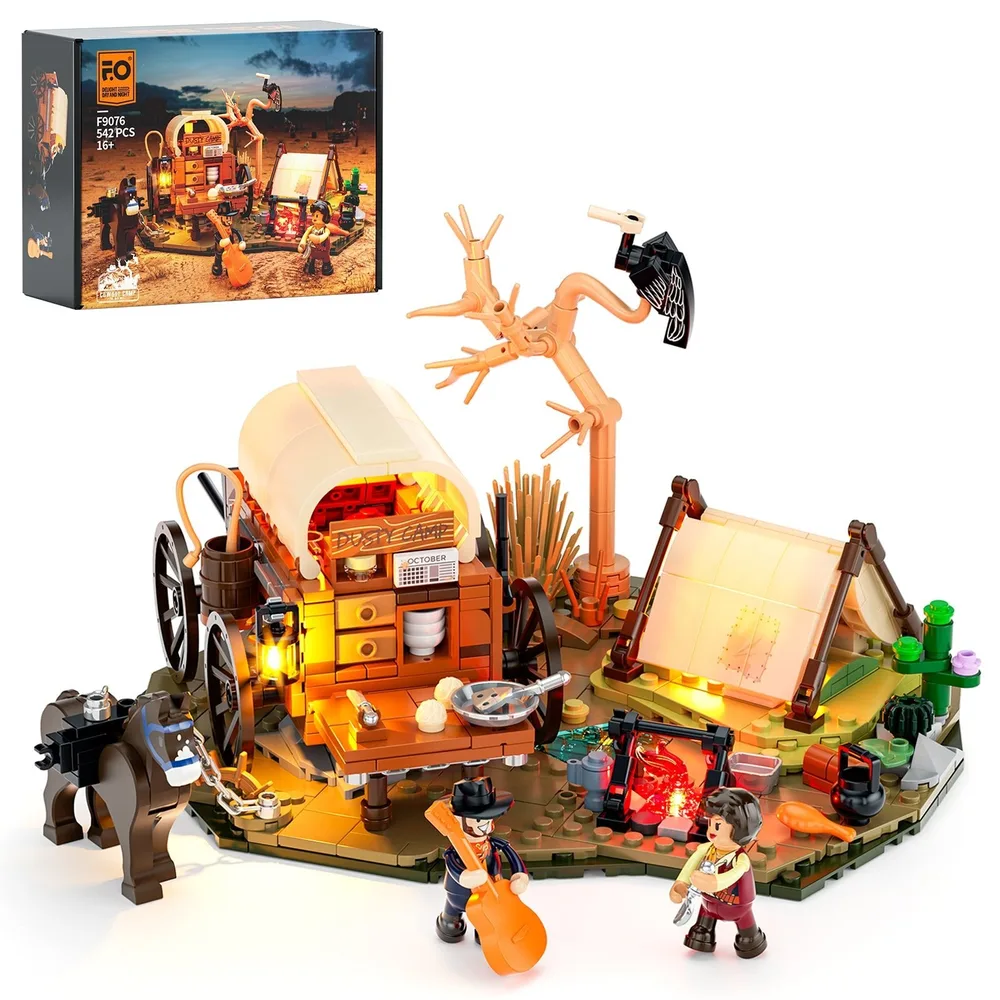 Lumibricks F9076 Cowboy Camp set box and fully assembled, lit model.