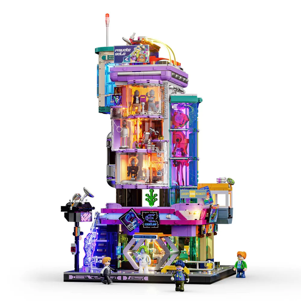 Lumibricks Cyberpunk City Building Set 17007 in daylight, showcasing complex modular architecture with lavender and teal accents.
