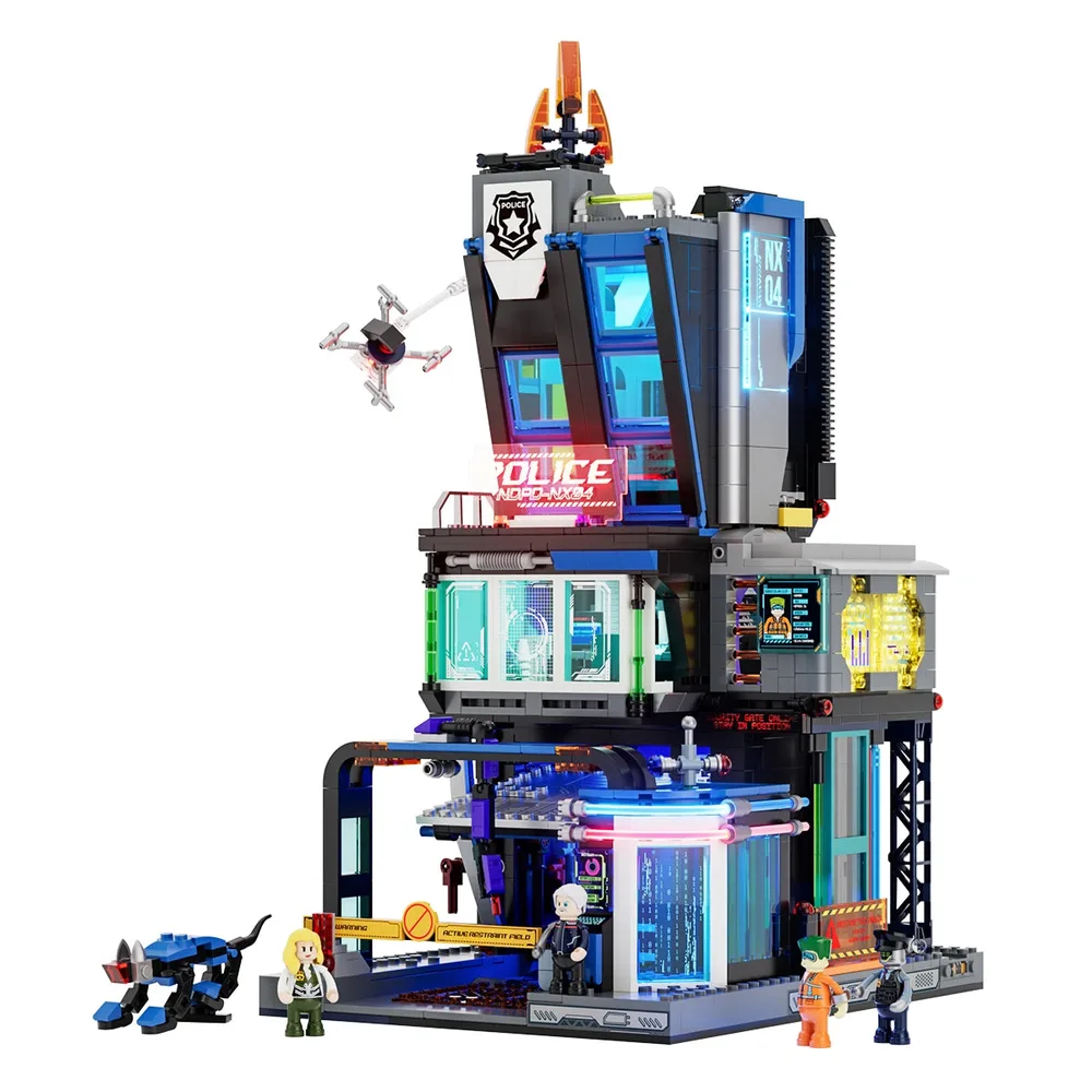 A wide shot of the Lumibricks Cyberpunk Neoncity Police HQ set 17009, showing its intricate modular design, various platforms, windows, and ground-level details, with minifigures and a drone.