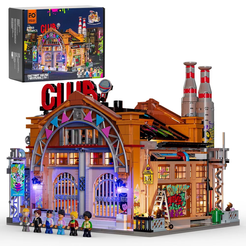 Full view of the Lumibricks F9068 Factory House of Music set, box visible, showcasing its industrial facade with vibrant graffiti, illuminated arches, and the 'CLUB' sign at night. Minifigures stand in front.