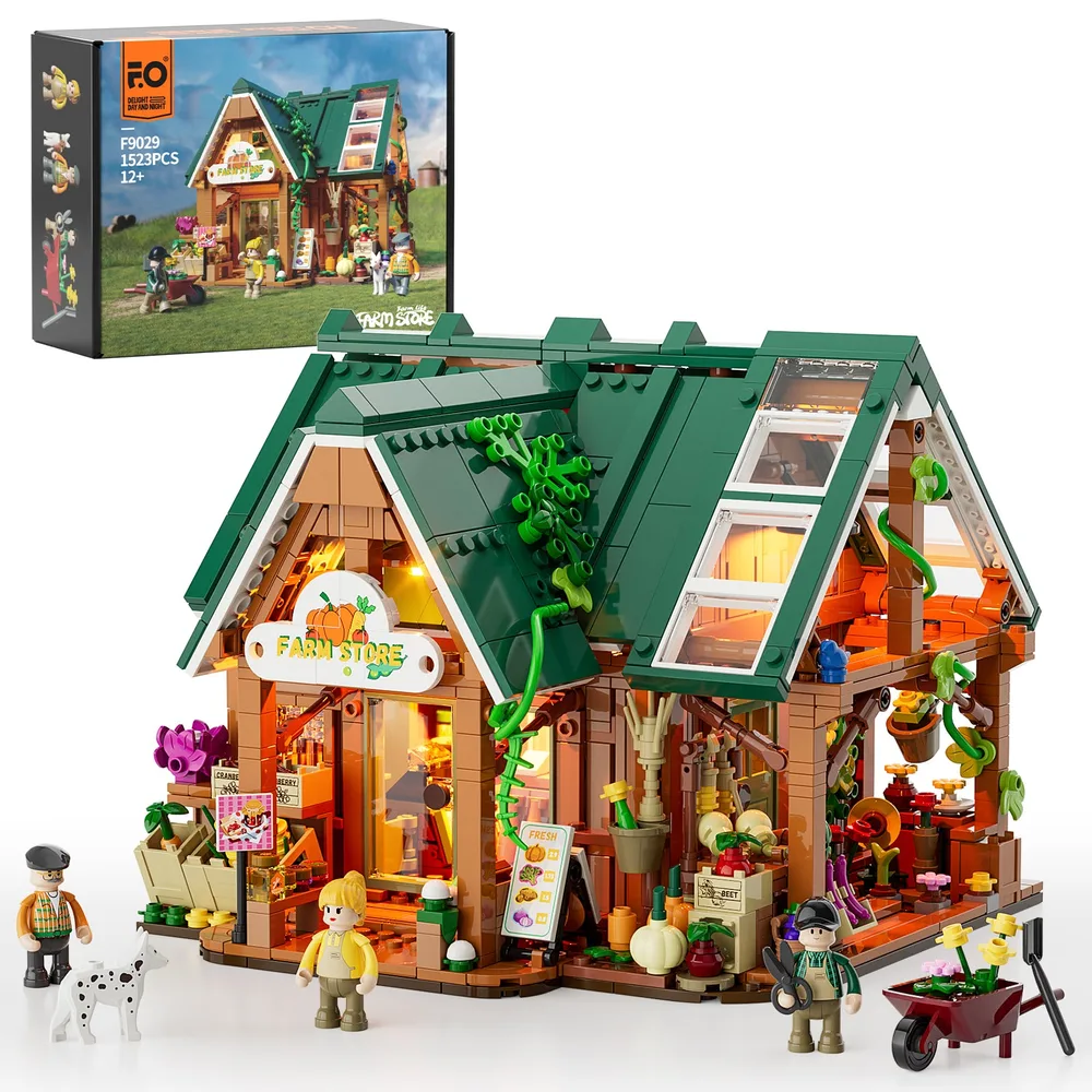 Front view of the Lumibricks Farm Store F9029, featuring a detailed facade with a prominent 'FARM STORE' sign, surrounded by minifigures and various farm-themed accessories, with the product box in the background.