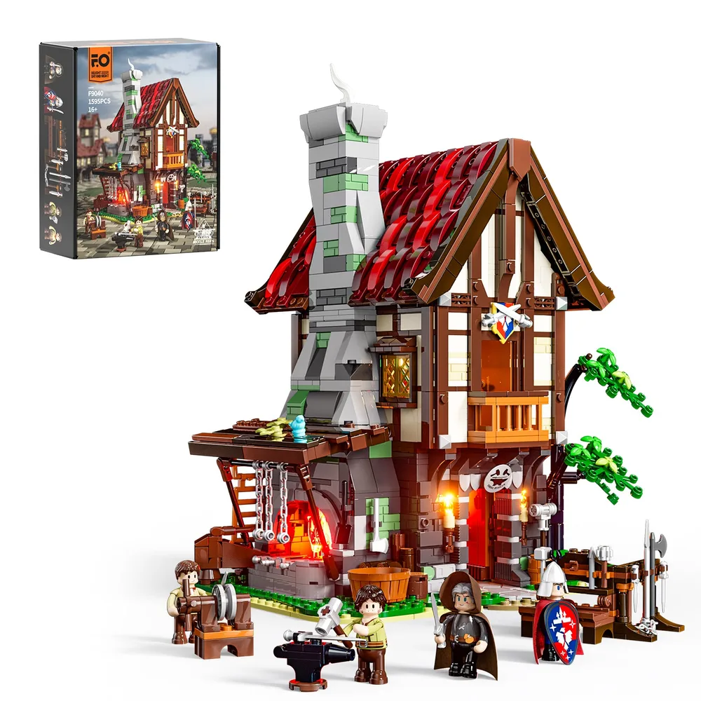 Lumibricks Forge House F9040 box art and assembled model, highlighting 1595 pieces and integrated lighting system, showcasing medieval architecture and minifigures.