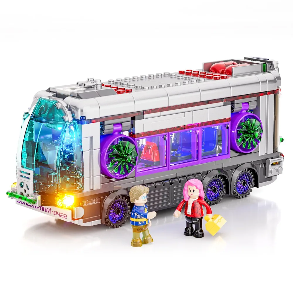 Lumibricks F9060 Future Bus in ground mode with two minifigures and integrated lighting active.