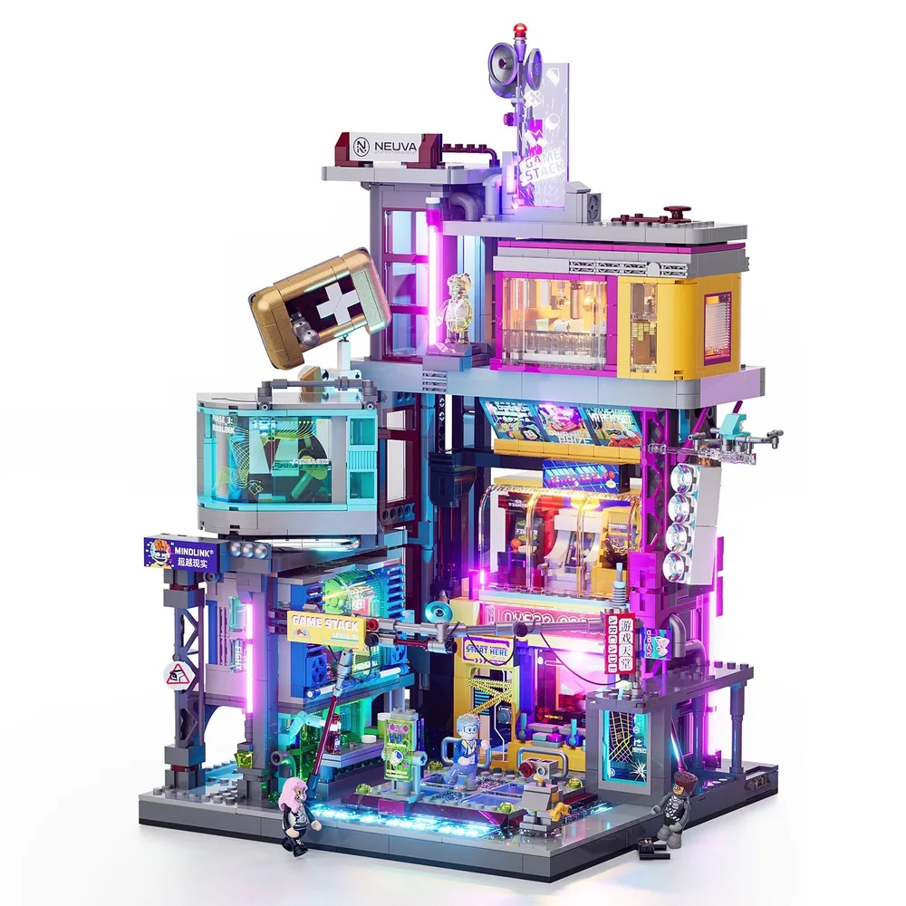 Overhead view of the brightly lit Lumibricks Cyberpunk Neoncity Game Stack model.