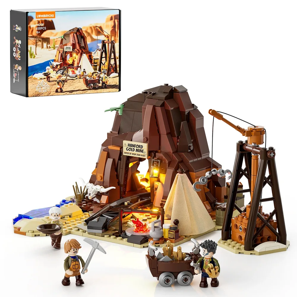 Lumibricks Gold Mine F9077 set unboxed, displaying the assembled model with three minifigures, a mine, crane, and campfire, next to its product box.