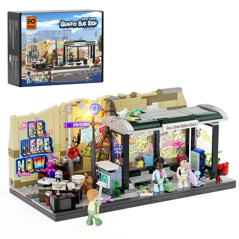 Lumibricks Street Fusion Graffiti Bus Stop F9066 set with box, showing 514 pieces and 16+ age on box. The assembled model is a detailed street scene with a bus stop, a graffiti wall, and minifigures.