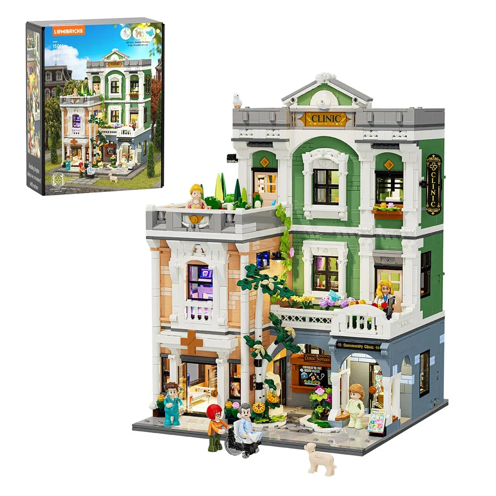 Lumibricks Greenway Clinic 15011 set box and assembled model, showcasing its multi-level structure with green, tan, and gray sections, several minifigures, and an outdoor setting with a tree.