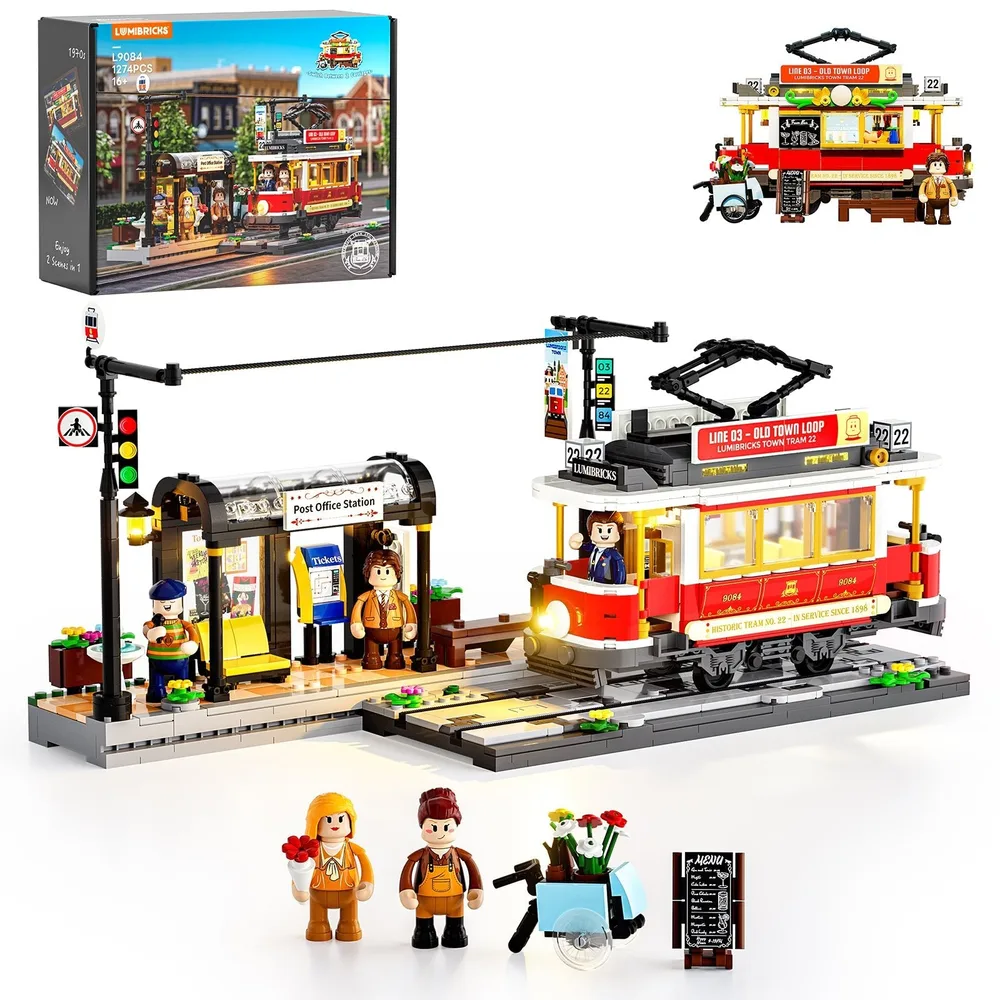 The Lumibricks L9084 Heritage Tram and Station set, including the assembled model, box art displaying 1274 pieces, minifigures, and an exploded view. The tram is red and white with a black roof, positioned on tracks next to a grey and brown station platform with a black canopy. Five minifigures are scattered around the scene, with three prominent in the foreground.