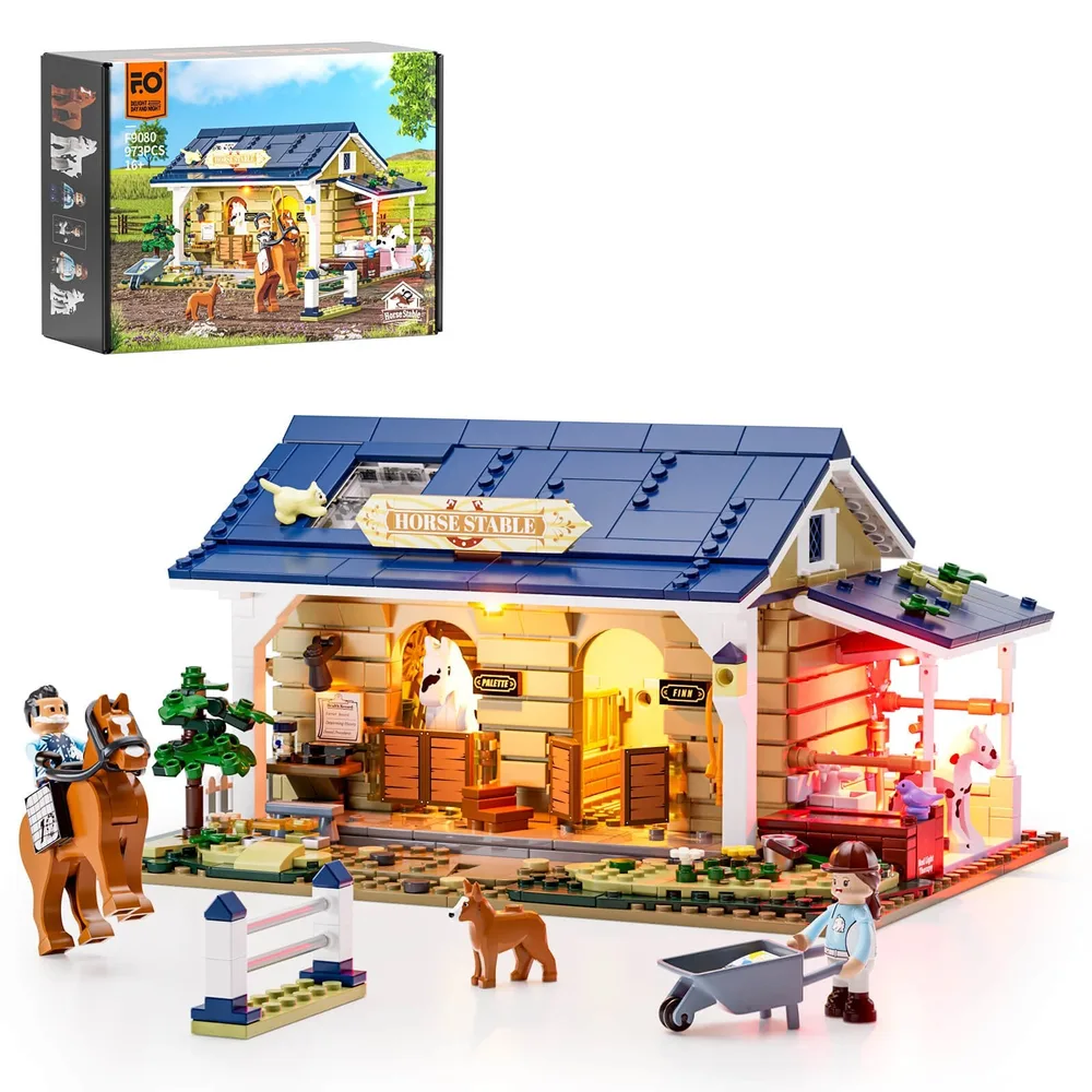 Lumibricks F9080 Horse Stable set with its packaging box, featuring a horse, rider minifigure, and a minifigure pushing a wheelbarrow on a green baseplate.