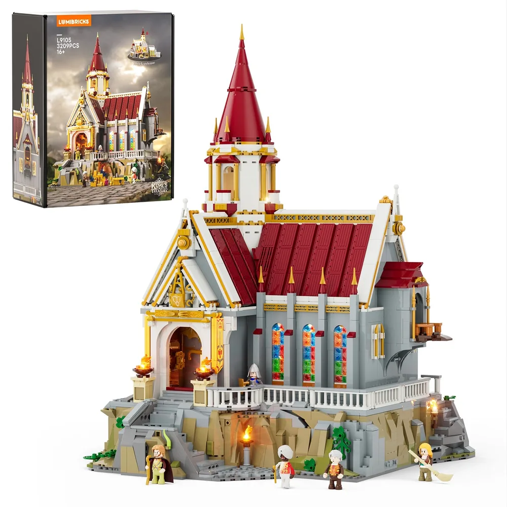 The Lumibricks King's Castle Treasury L9105, a 3209-piece medieval castle build with integrated lighting, shown from the front-left angle with minifigures on a textured rock base, against its product box.