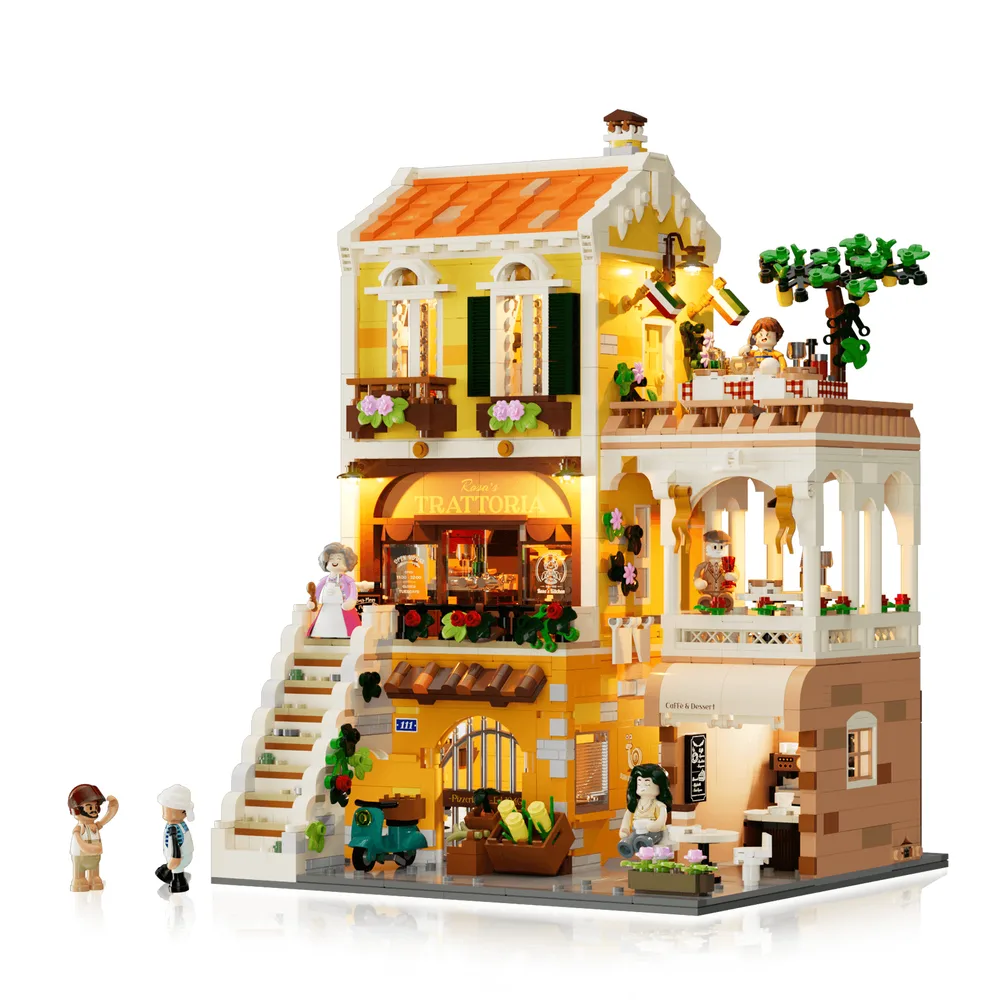 A fully built Lumibricks Italian Homestyle Restaurant, showing its illuminated modular design and intricate facade details, with minifigures at the base.