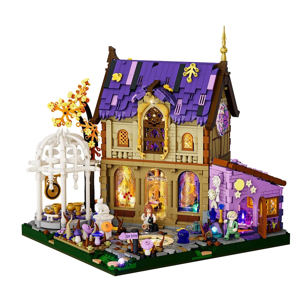Front view of the Lumibricks Retro House 10014, showcasing its tan and dark brown facade, purple roof, and an attached lighter purple annex. A white gazebo stands to the left. The arched windows of the main building are brightly illuminated with warm light, while the annex glows with a cooler hue. Minifigures are present on the intricately tiled ground.