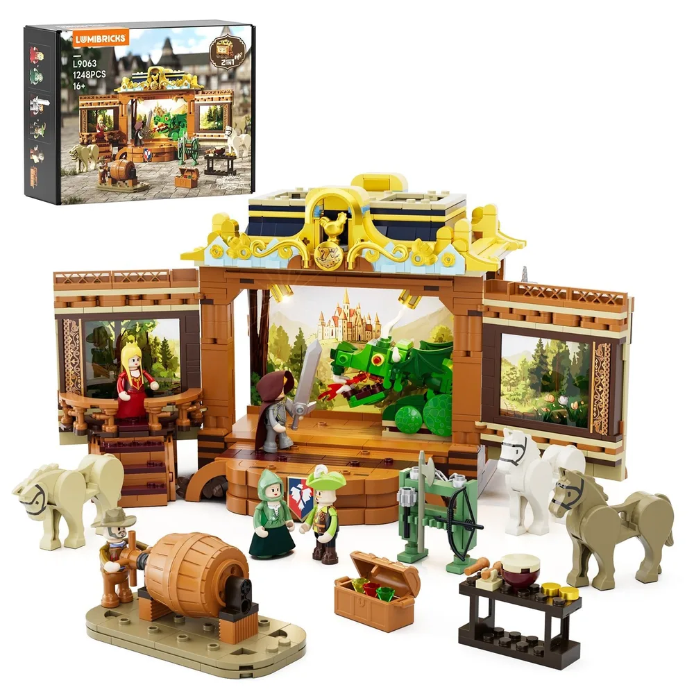 Full Lumibricks Medieval Troupe Carriage set L9063, with 1248 pieces, open stage, dragon, minifigures, props, and the product box showing dimensions.