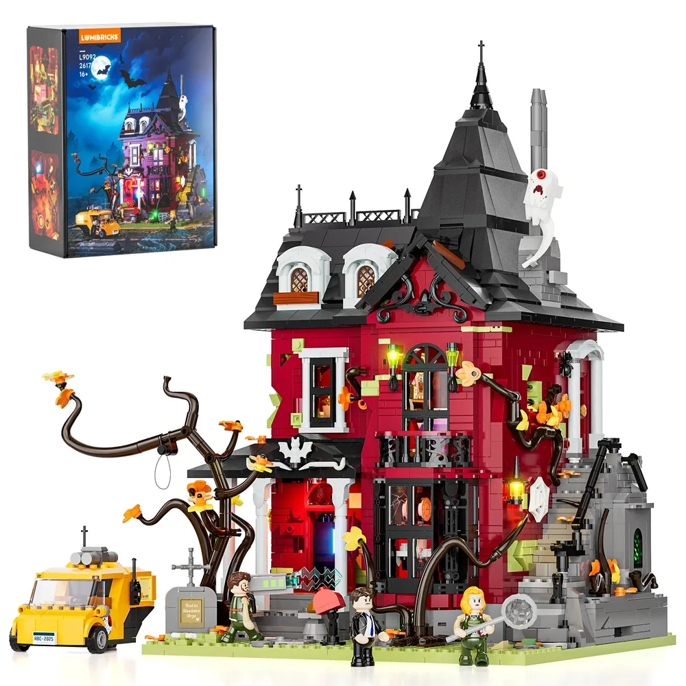 Full view of the Lumibricks X Series Midnight Haunted Mansion L9092 set with 2617 pieces, featuring a dark red and black color scheme, an intricate turreted roof, and various exterior lights. A yellow ghost-hunting van and minifigures are on the landscaped baseplate.